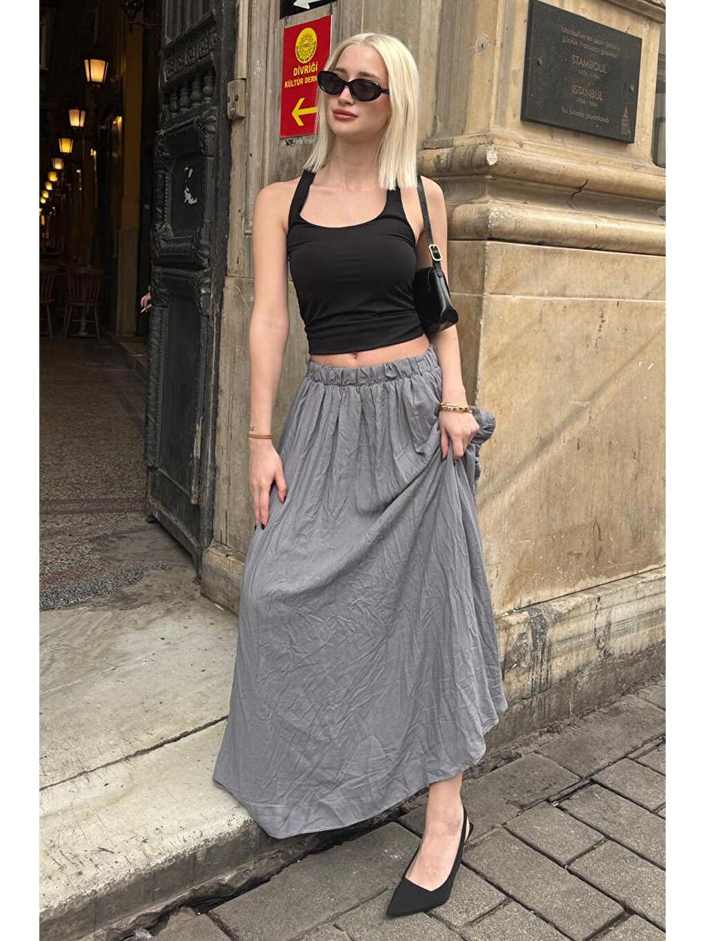 Gri Vual Kumaş Basic Kadın Uzun Boy Kadın Etek Mg2366-5