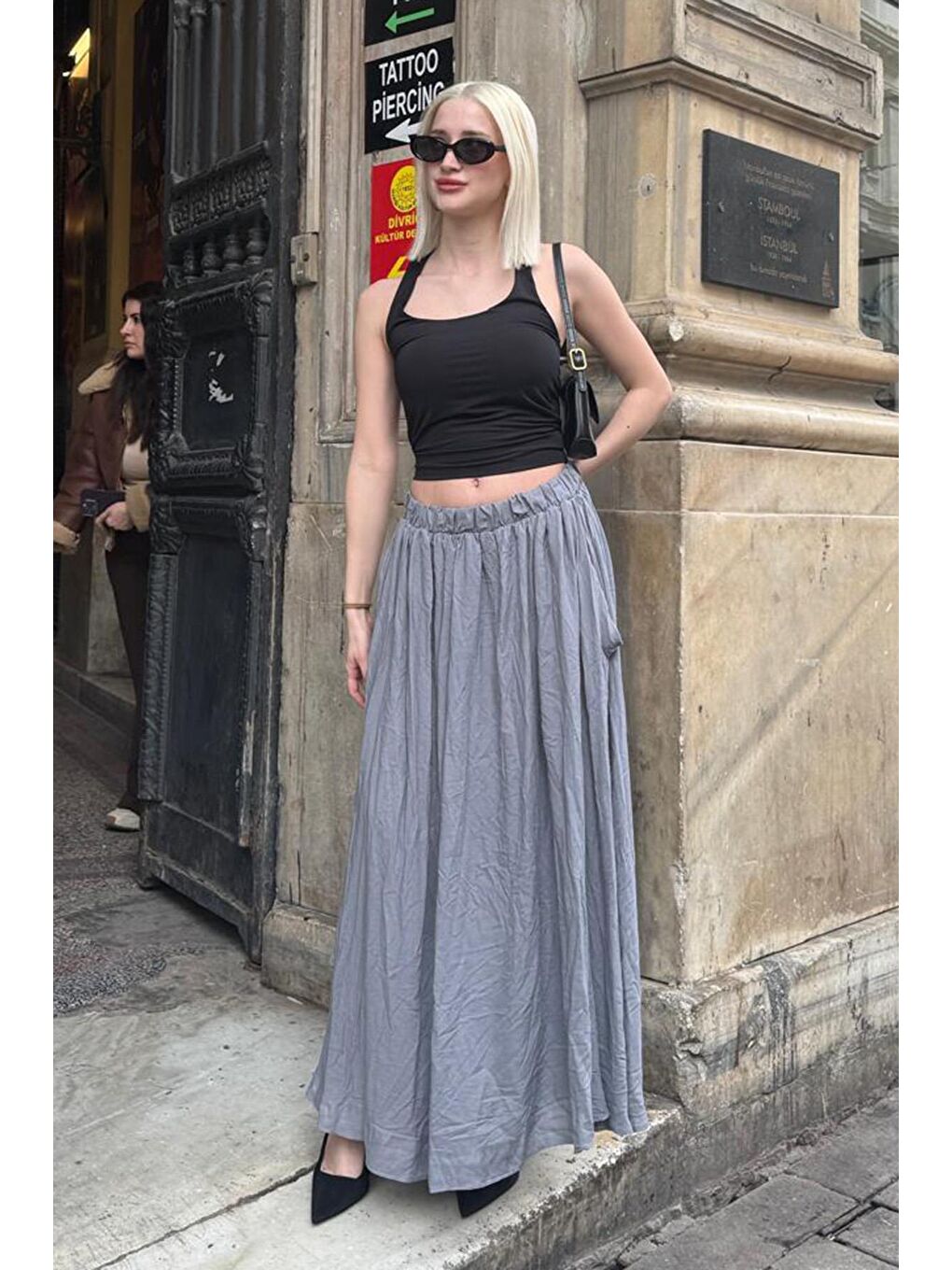 Gri Vual Kumaş Basic Kadın Uzun Boy Kadın Etek Mg2366-6