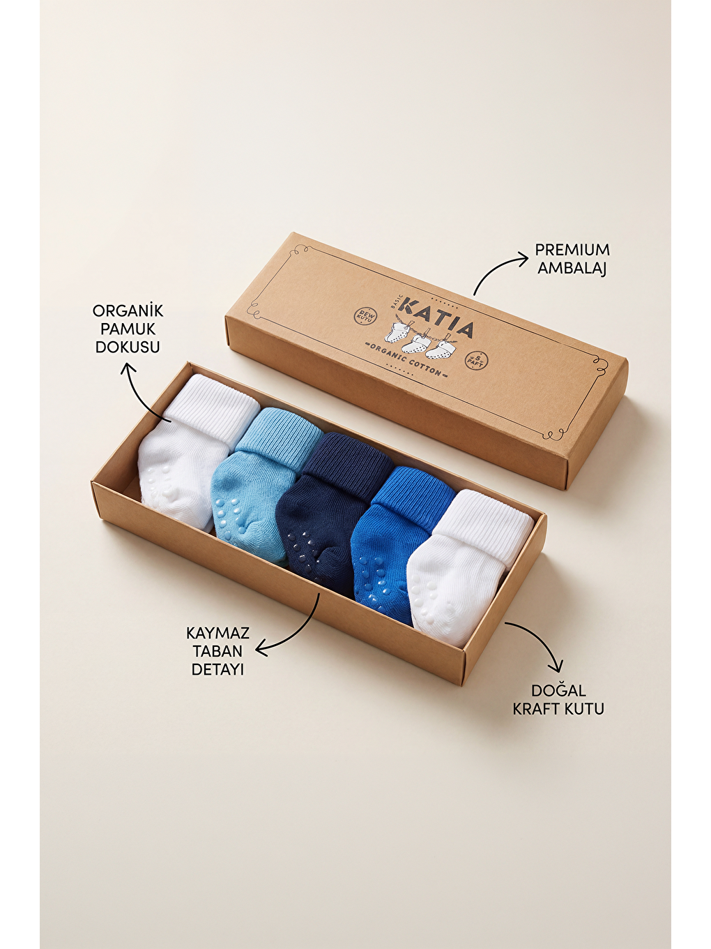 Yenideoğan 5'Li Organik Bebek Soket Çorap Mavi-Beyaz-3