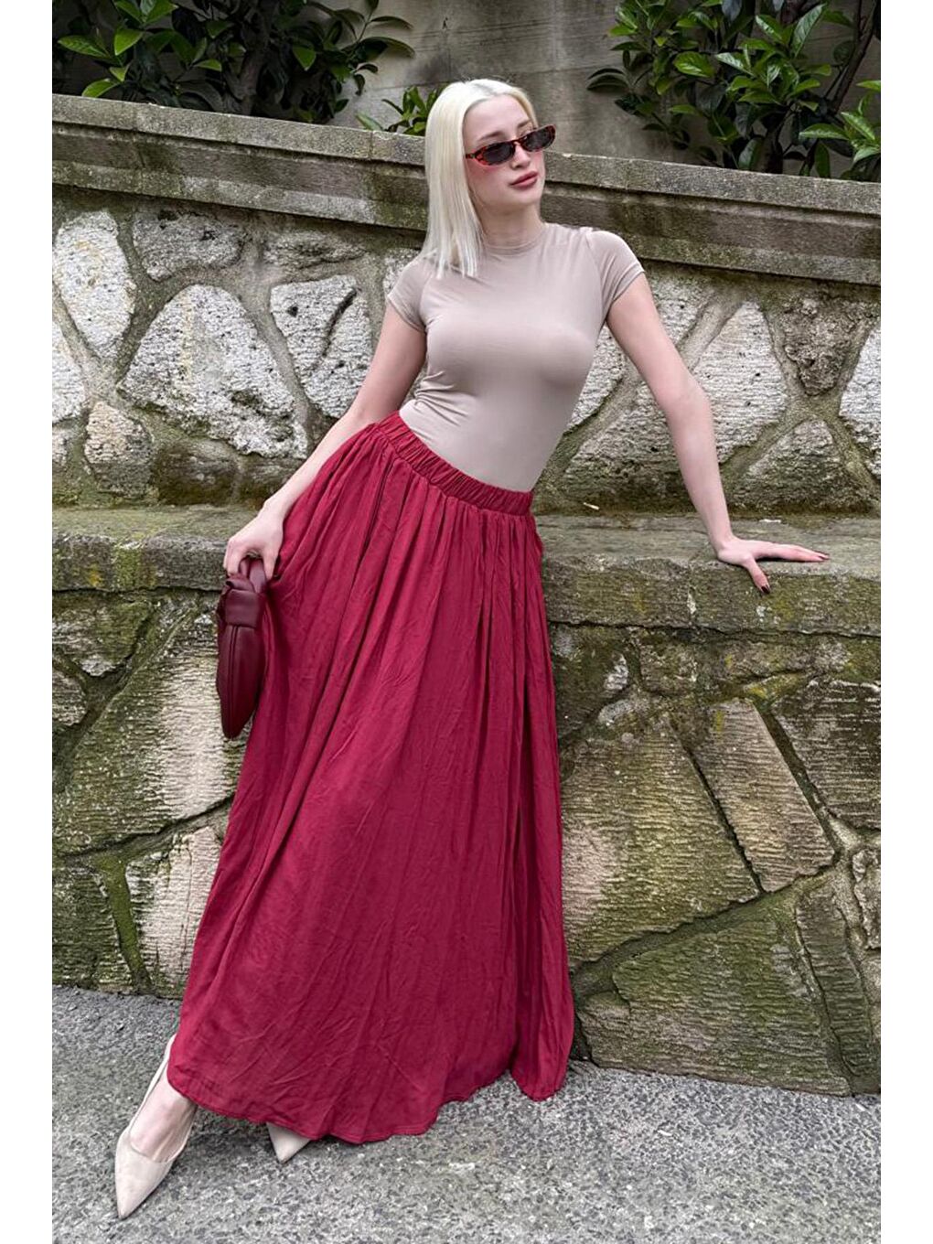 Bordo Vual Kumaş Basic Kadın Uzun Boy Kadın Etek Mg2366