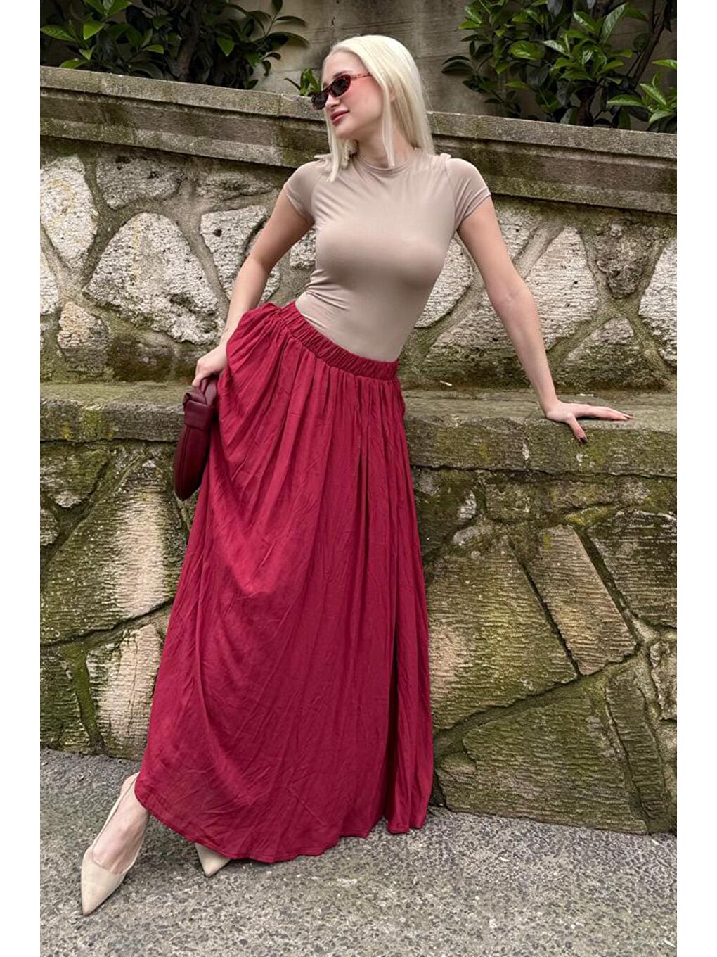 Bordo Vual Kumaş Basic Kadın Uzun Boy Kadın Etek Mg2366-1