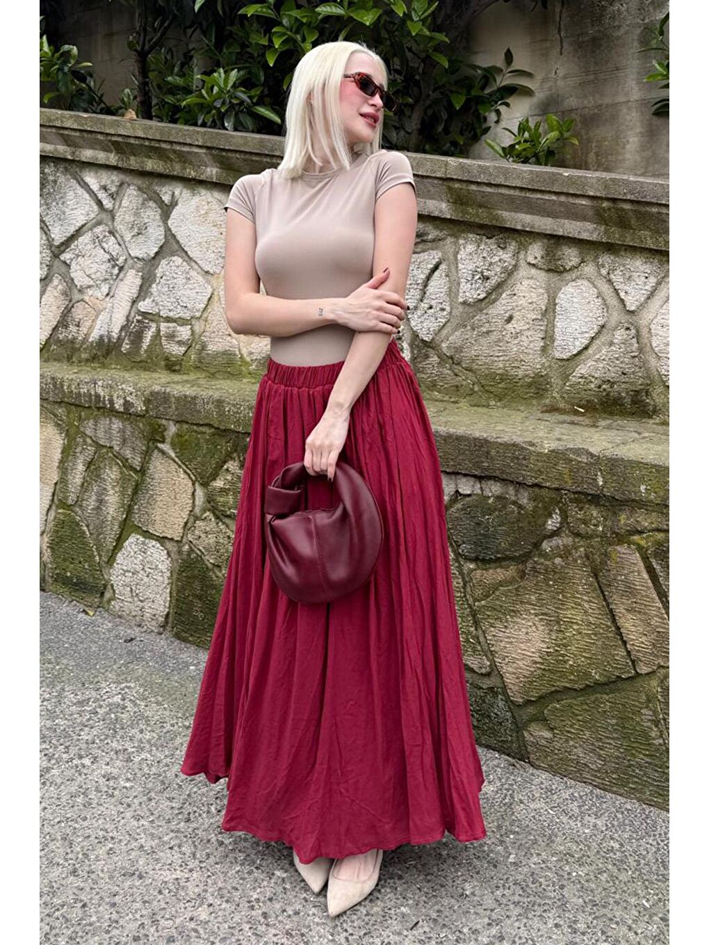 Bordo Vual Kumaş Basic Kadın Uzun Boy Kadın Etek Mg2366-2