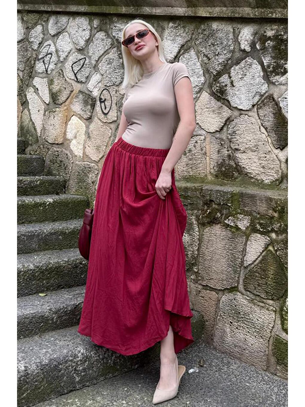 Bordo Vual Kumaş Basic Kadın Uzun Boy Kadın Etek Mg2366-3