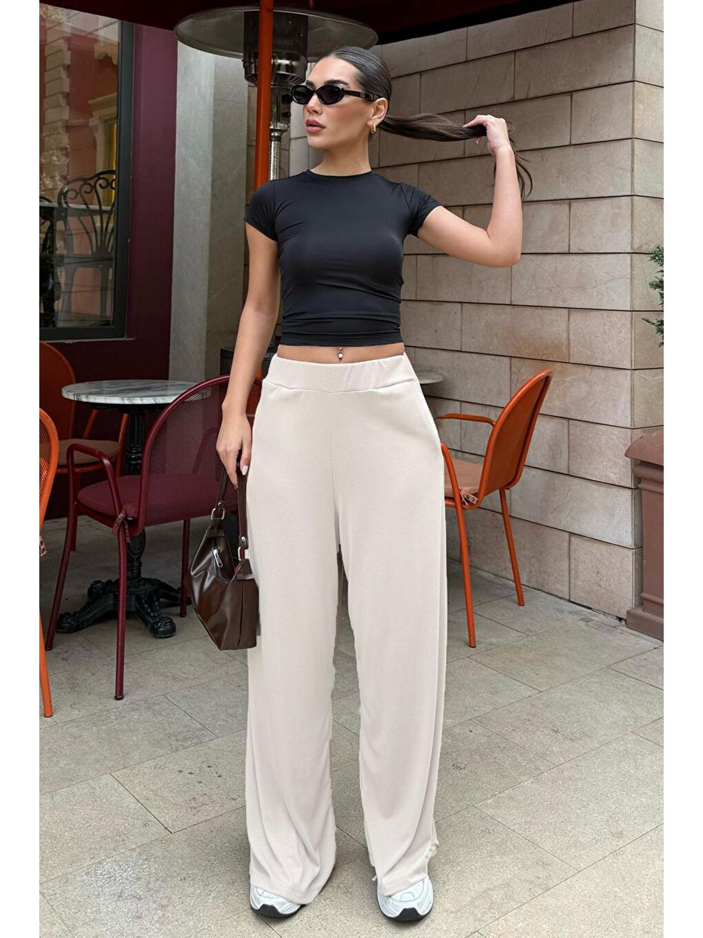 Ekru Yüksek Bel Rahat Kesim Geniş Paça Kadın Pantolon Mg2309-1