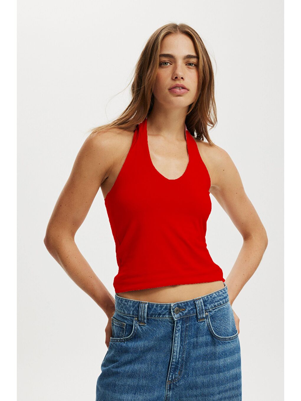 Kırmızı Halter Yaka Boyun Askılı Crop Top Mg2456