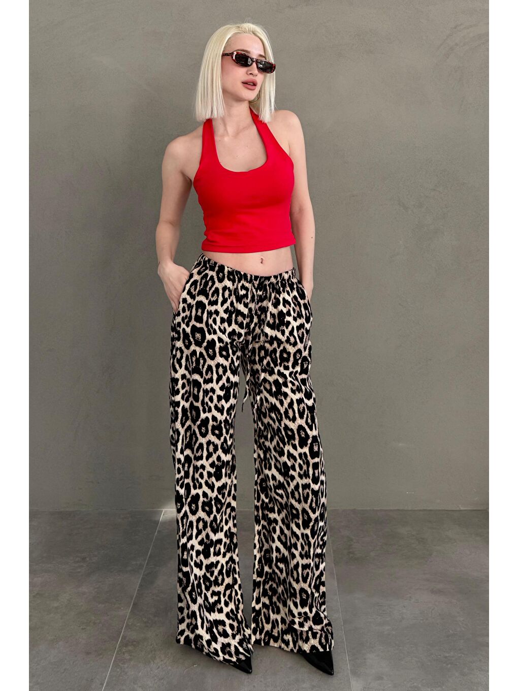 Kırmızı Halter Yaka Boyun Askılı Crop Top Mg2456-3