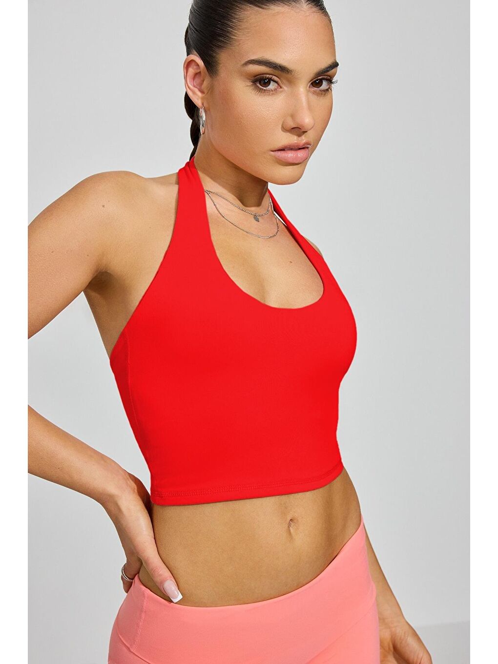 Kırmızı Halter Yaka Boyun Askılı Crop Top Mg2456-5