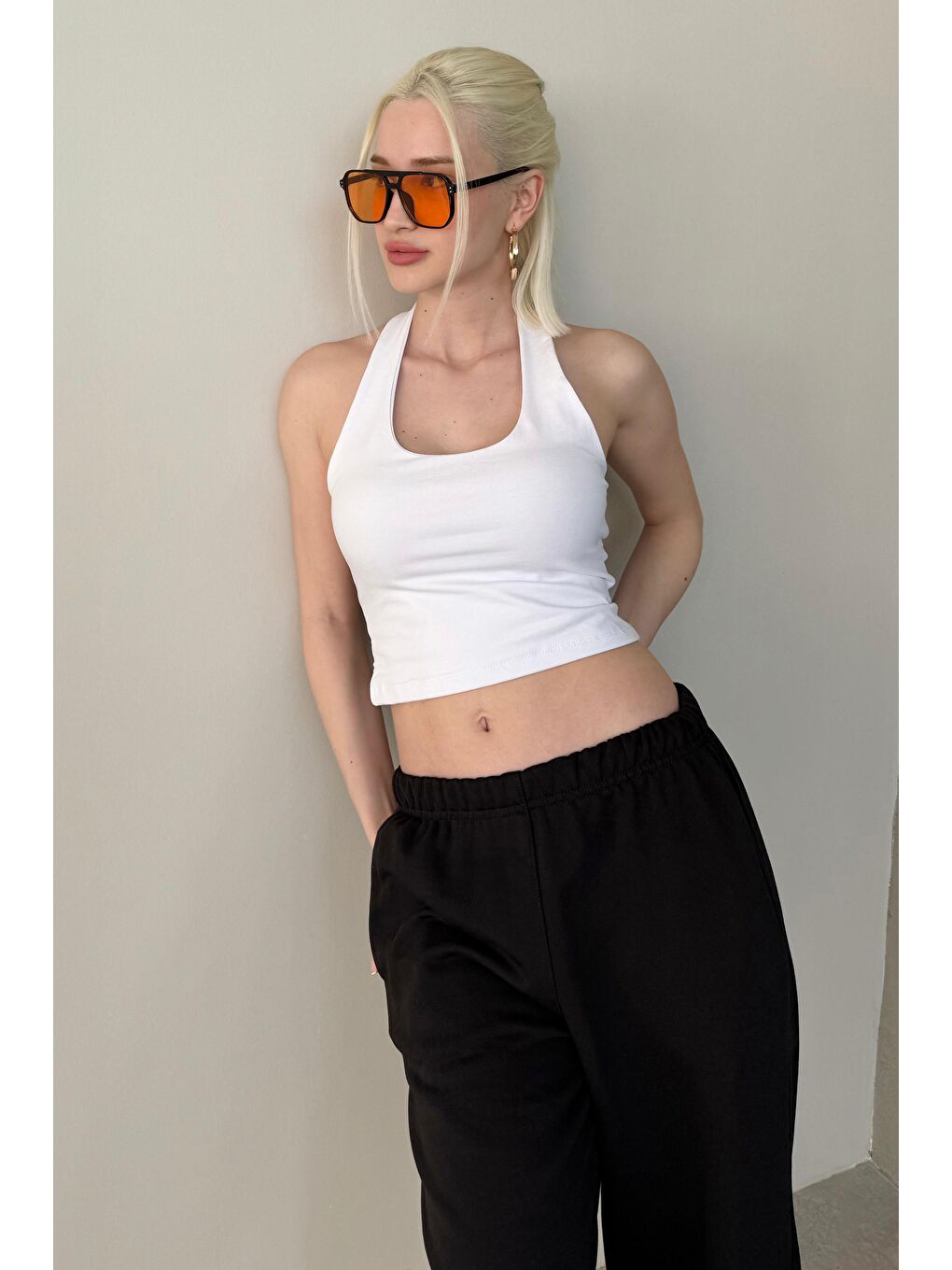 Beyaz Halter Yaka Boyun Askılı Crop Top Mg2456-3