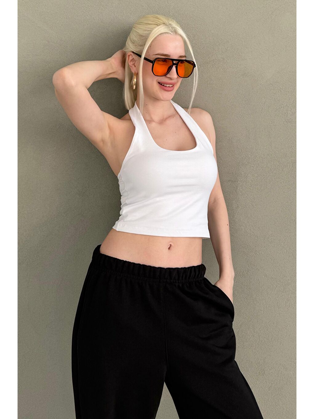 Beyaz Halter Yaka Boyun Askılı Crop Top Mg2456-6