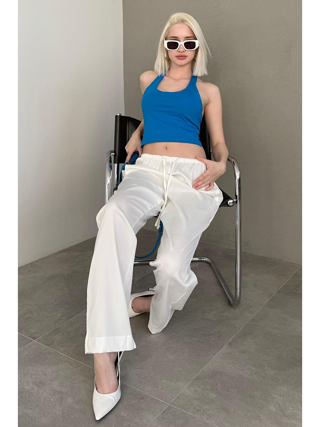 Mavi Halter Yaka Boyun Askılı Crop Top Mg2456-2