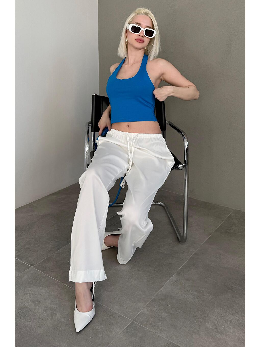 Mavi Halter Yaka Boyun Askılı Crop Top Mg2456-4