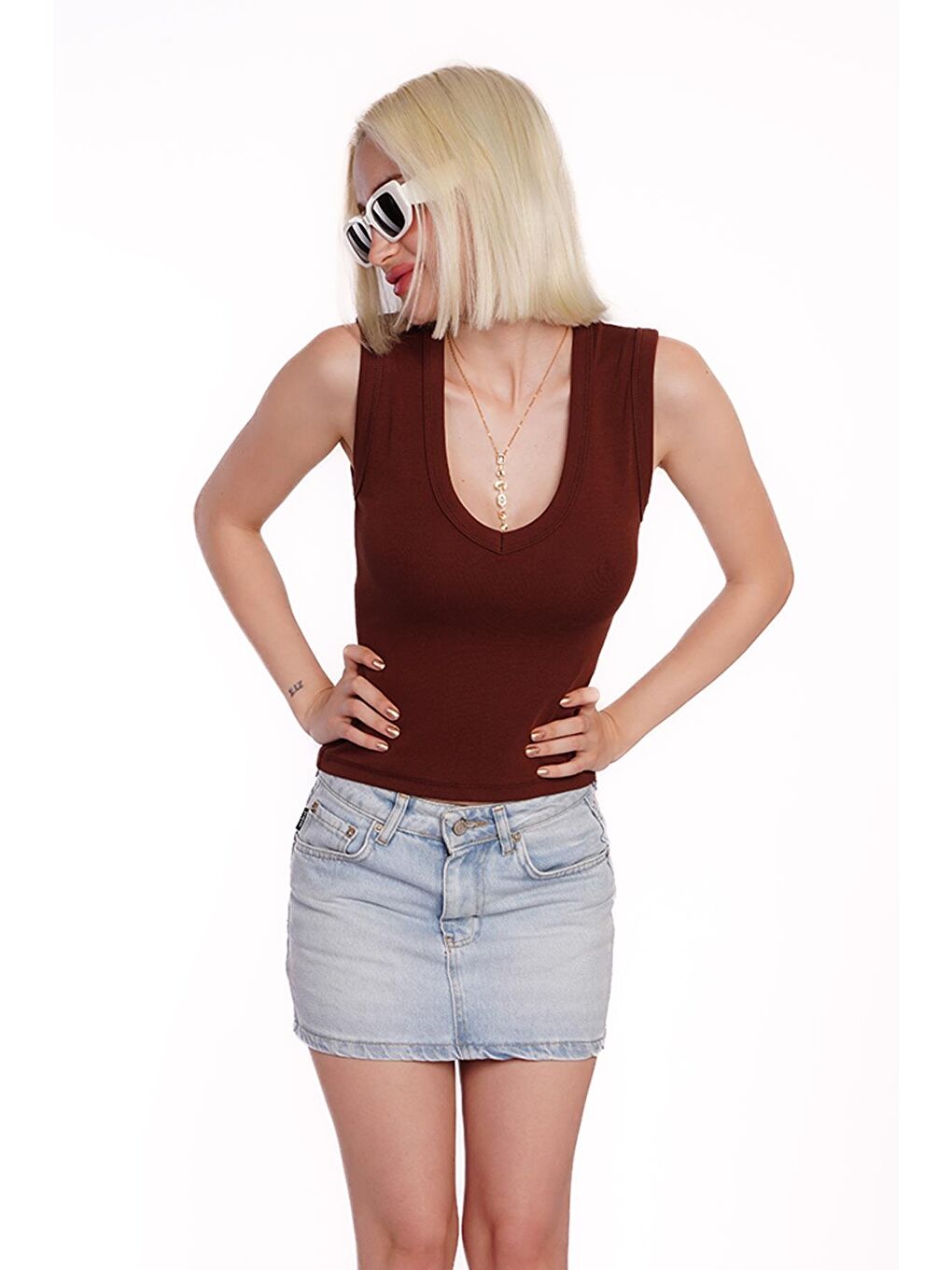 Kahverengi V Yaka Biyeli Kadın Atlet Mg2292-2