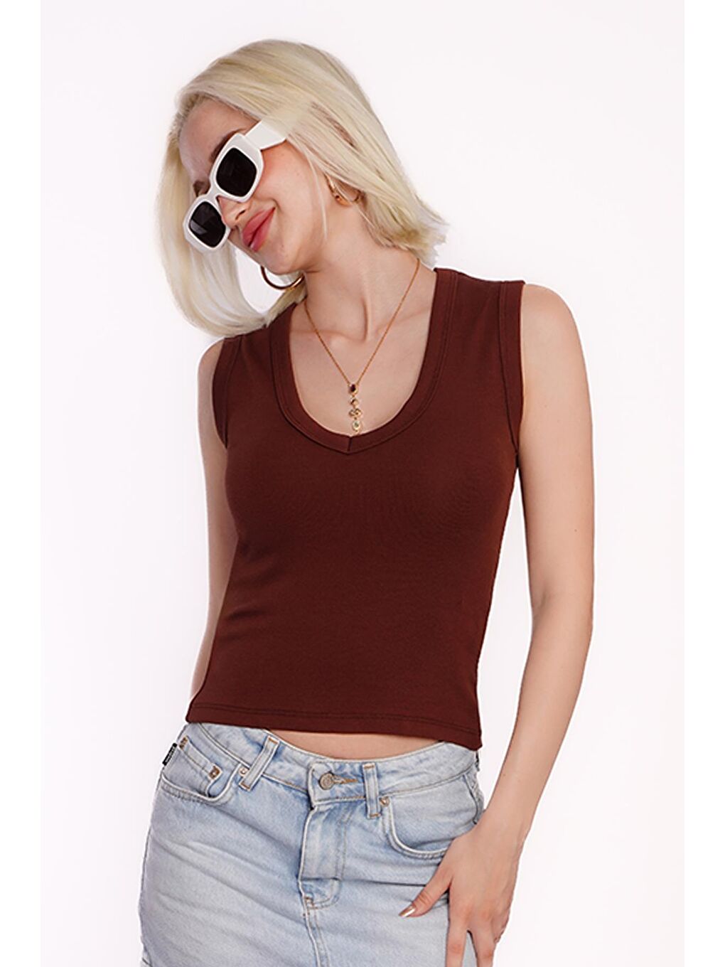 Kahverengi V Yaka Biyeli Kadın Atlet Mg2292-3