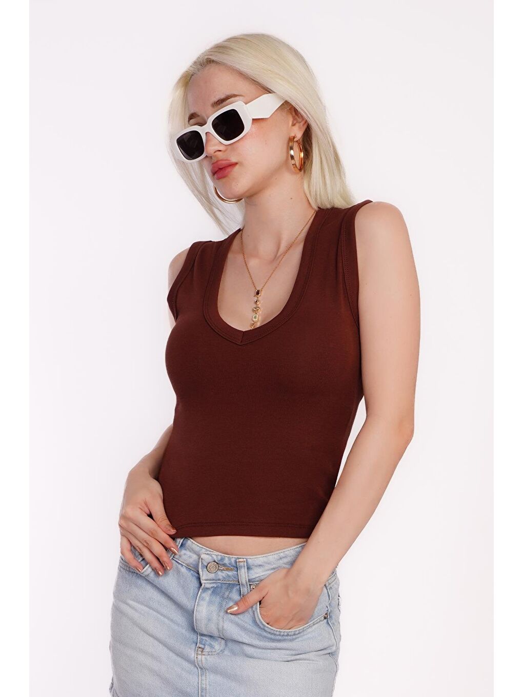 Kahverengi V Yaka Biyeli Kadın Atlet Mg2292-4