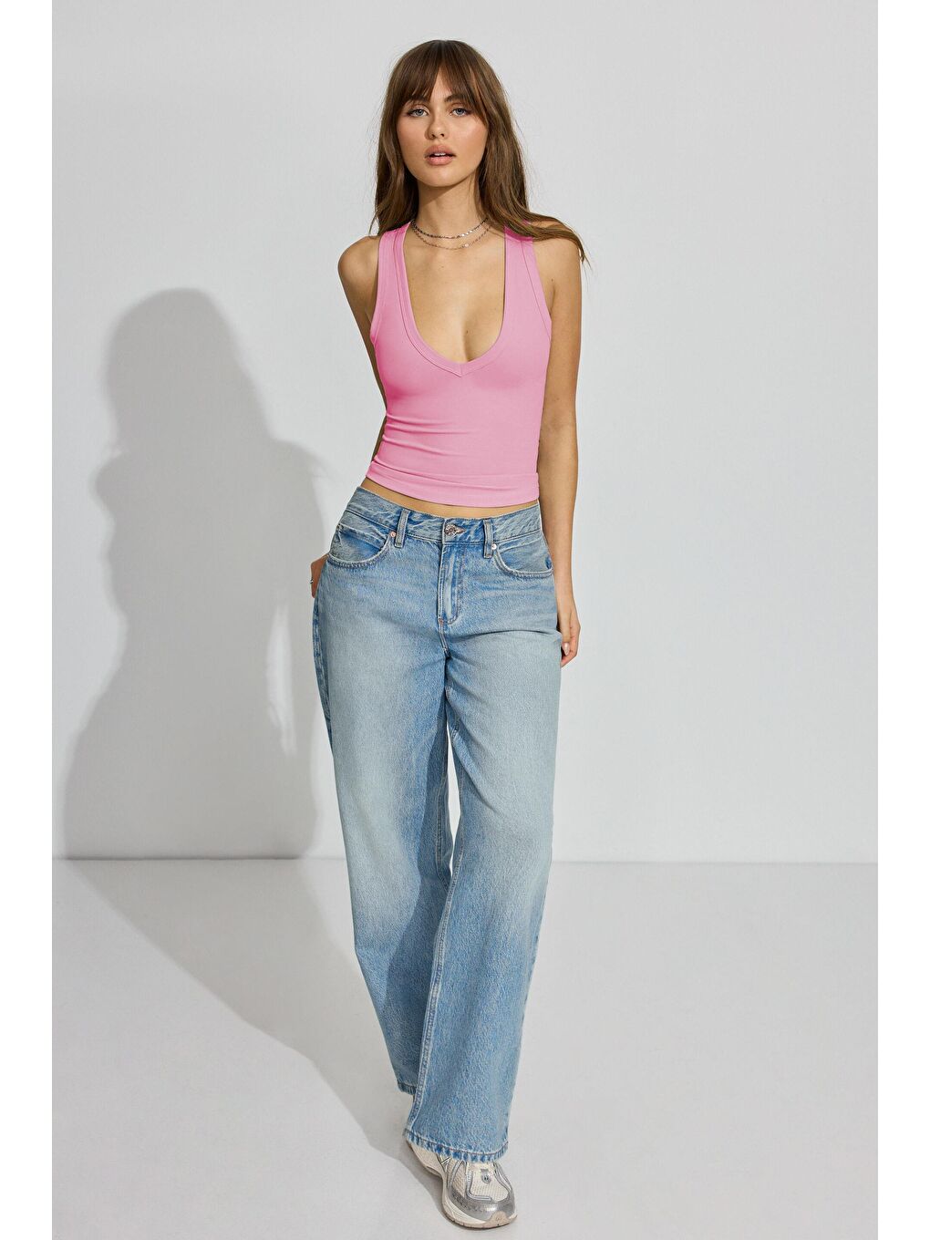 Pembe Derin V Yaka %100 Pamuklu Basic Kadın Atlet Mg2405-1