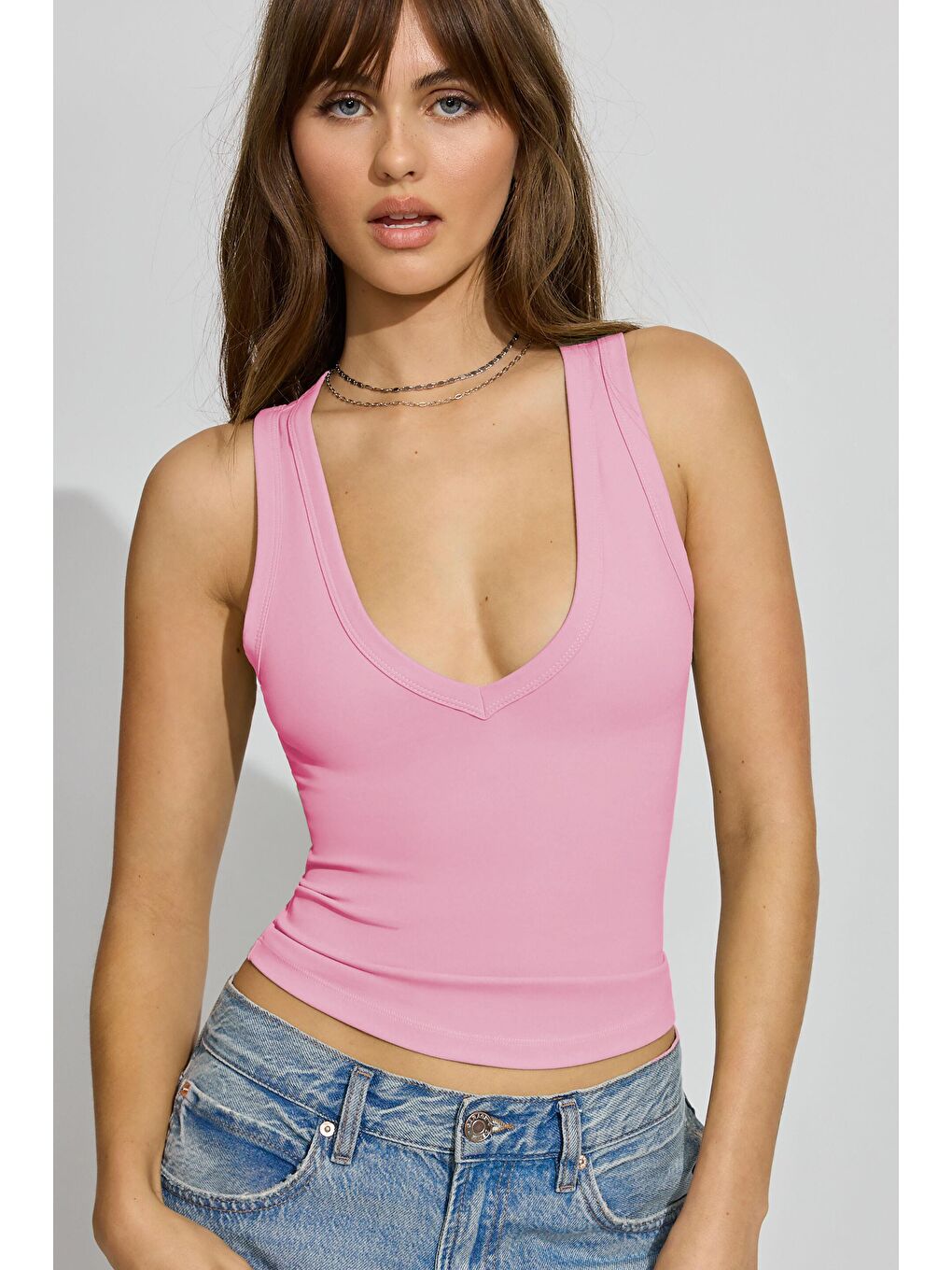 Pembe Derin V Yaka %100 Pamuklu Basic Kadın Atlet Mg2405-3