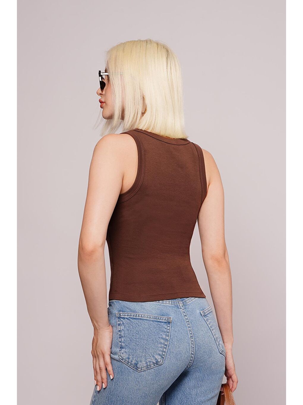 Kahverengi Derin V Yaka %100 Pamuklu Basic Kadın Atlet Mg2405-3