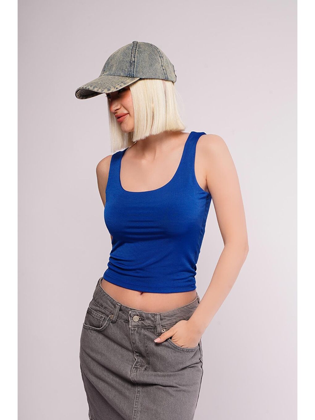 İndigo Kalın Askılı Kadın Bluz Mg1998-2