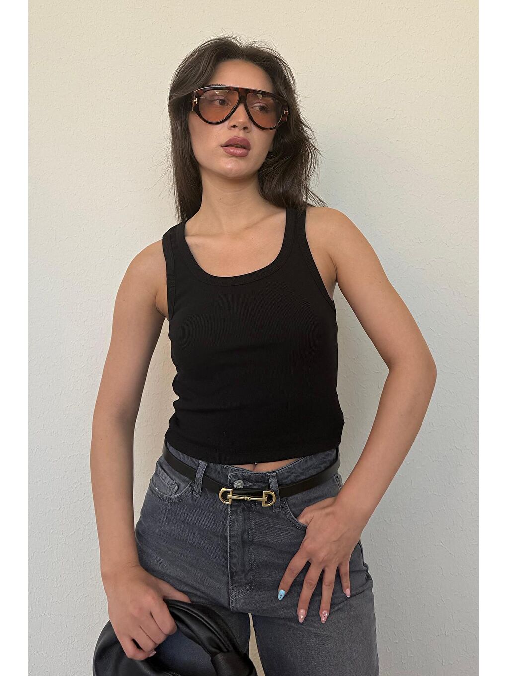 Siyah Kalın Askılı Fitilli Atlet Mg2459-2