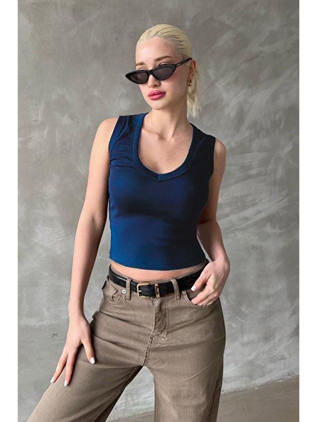 Lacivert V Yaka Biyeli Kadın Atlet Mg2292-3