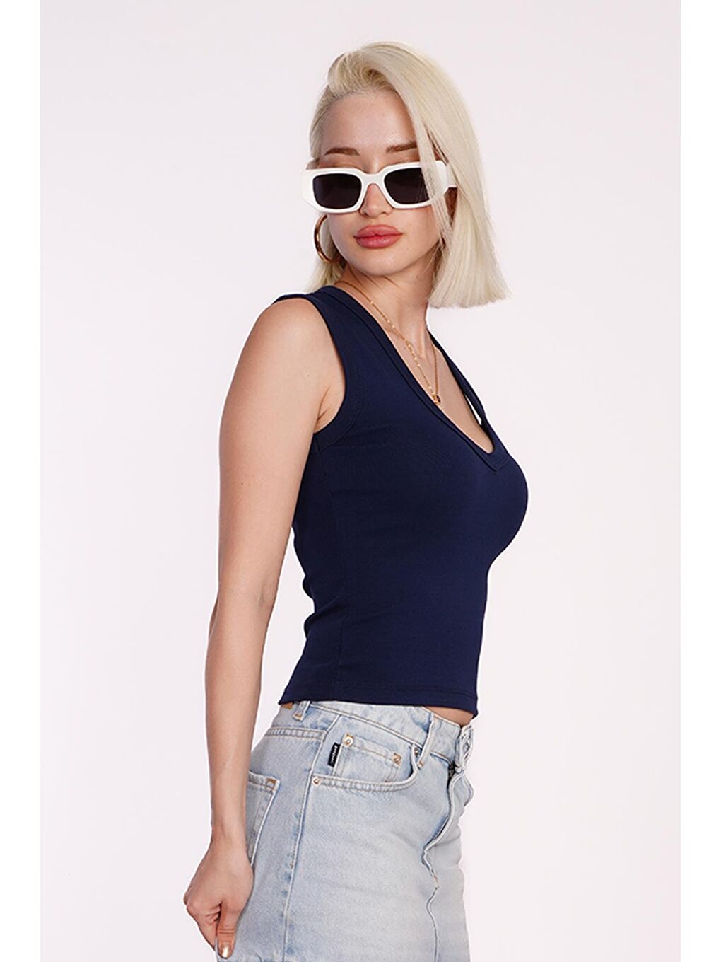 Lacivert V Yaka Biyeli Kadın Atlet Mg2292-2