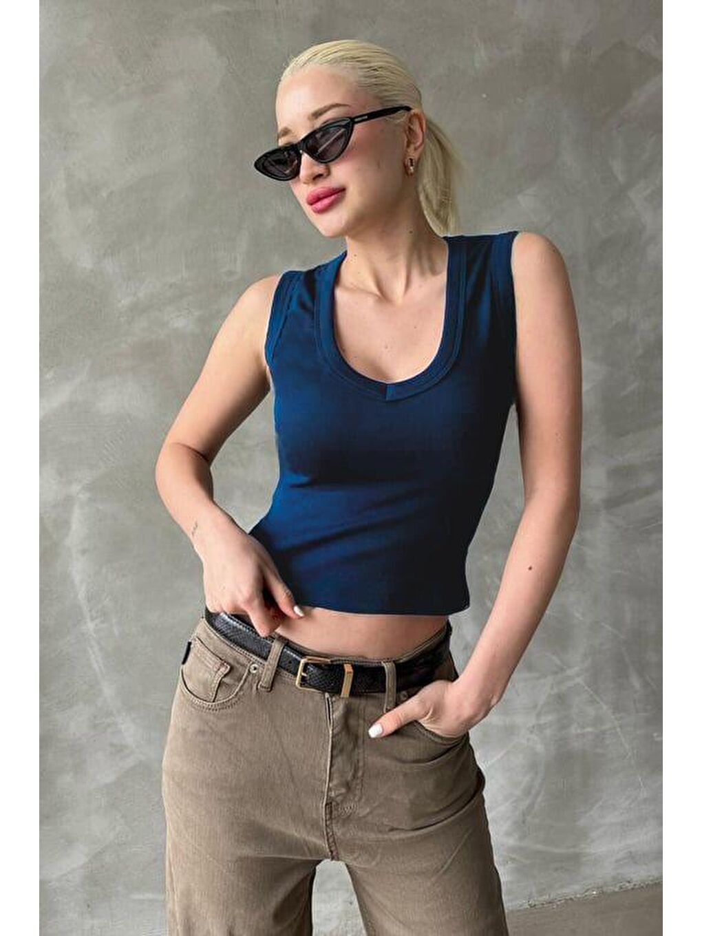 Lacivert V Yaka Biyeli Kadın Atlet Mg2292-6