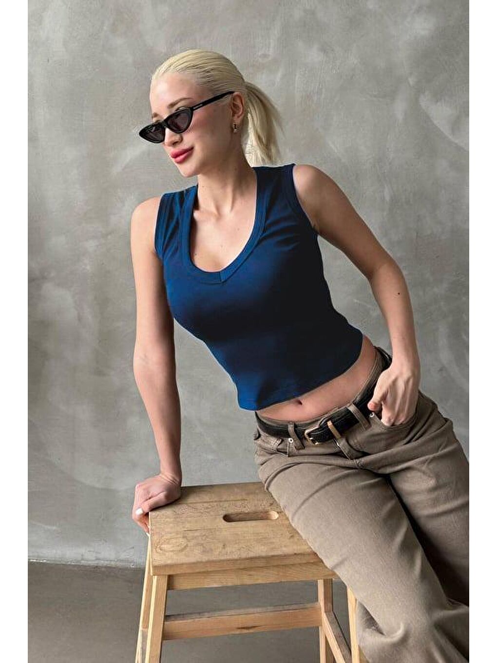 Lacivert V Yaka Biyeli Kadın Atlet Mg2292-7