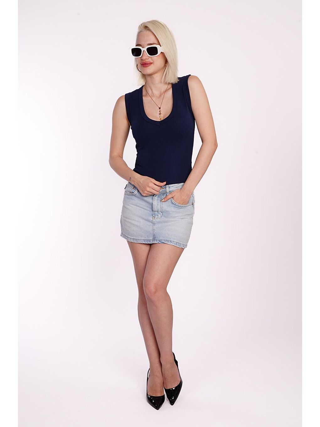 Lacivert V Yaka Biyeli Kadın Atlet Mg2292-8