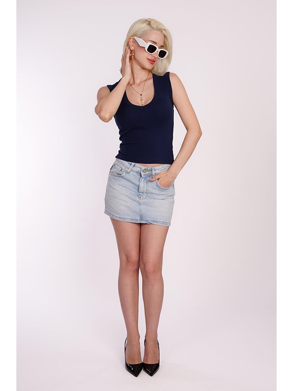 Lacivert V Yaka Biyeli Kadın Atlet Mg2292-10