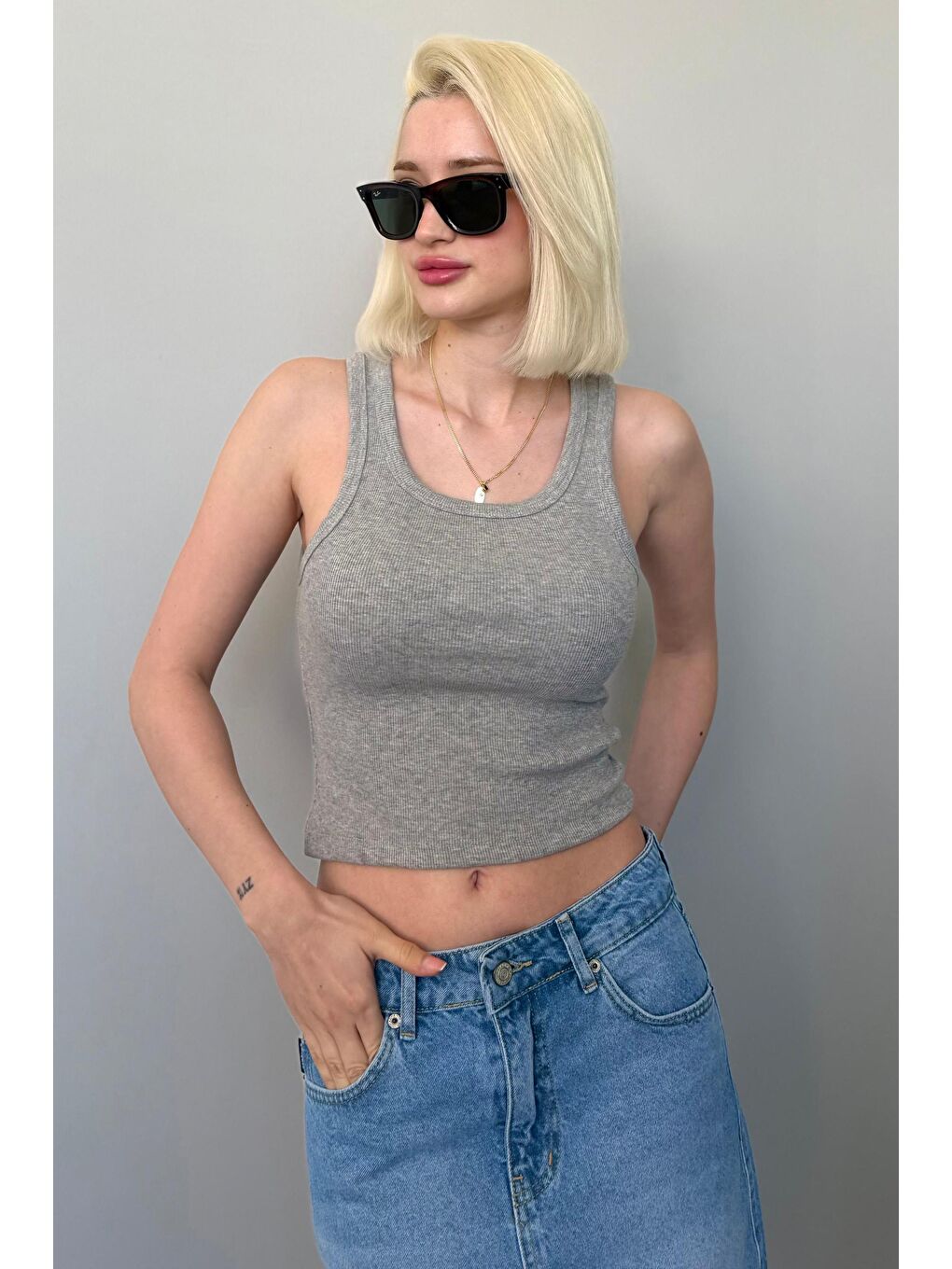 Gri Kalın Askılı Fitilli Atlet Mg2459-1