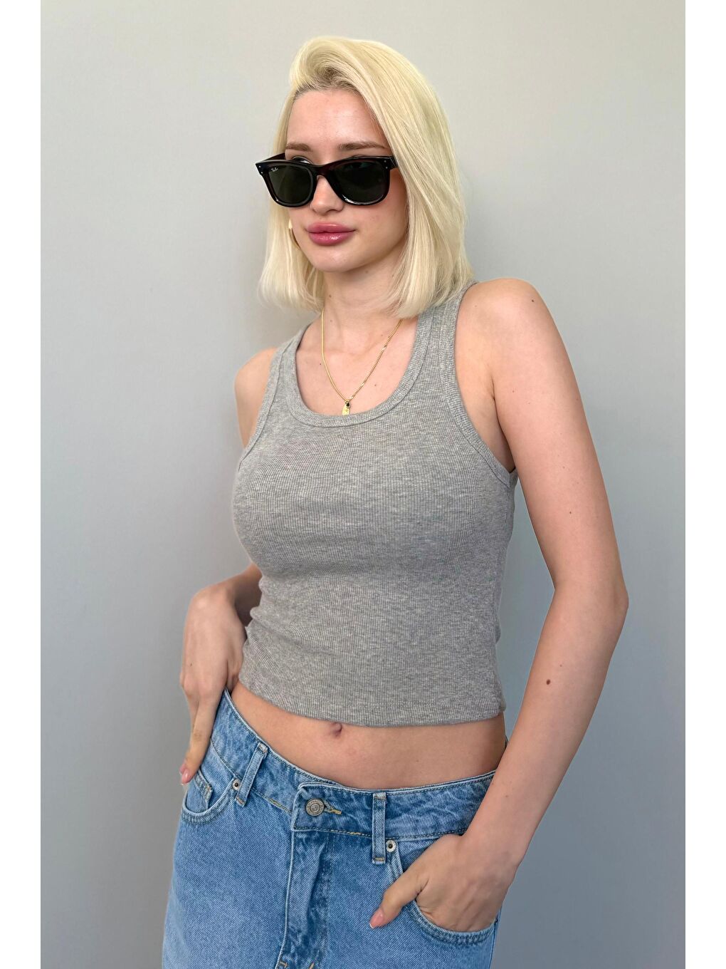 Gri Kalın Askılı Fitilli Atlet Mg2459-2