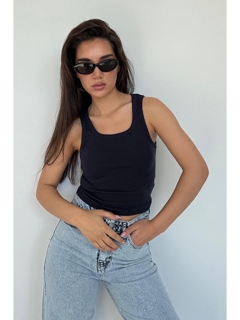 Lacivert Kalın Askılı Fitilli Atlet Mg2459-1