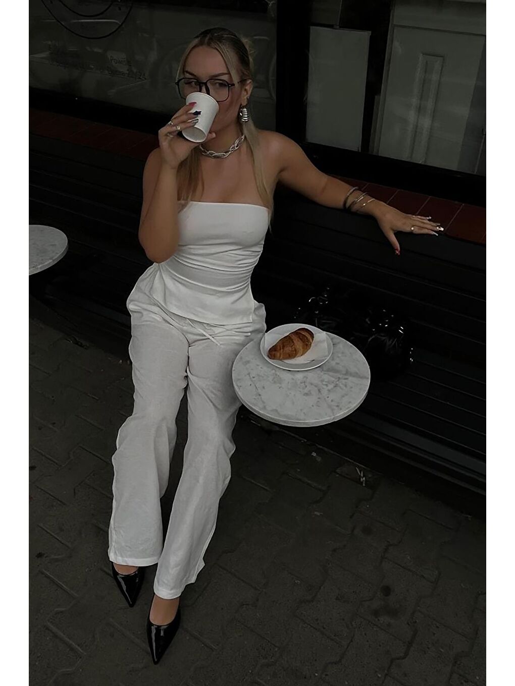 Beyaz Büzgülü Streç Bandeau Top Mg2164-2