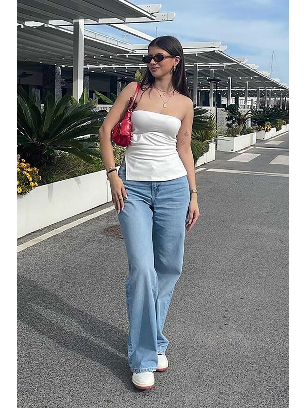 Beyaz Büzgülü Streç Bandeau Top Mg2164-8