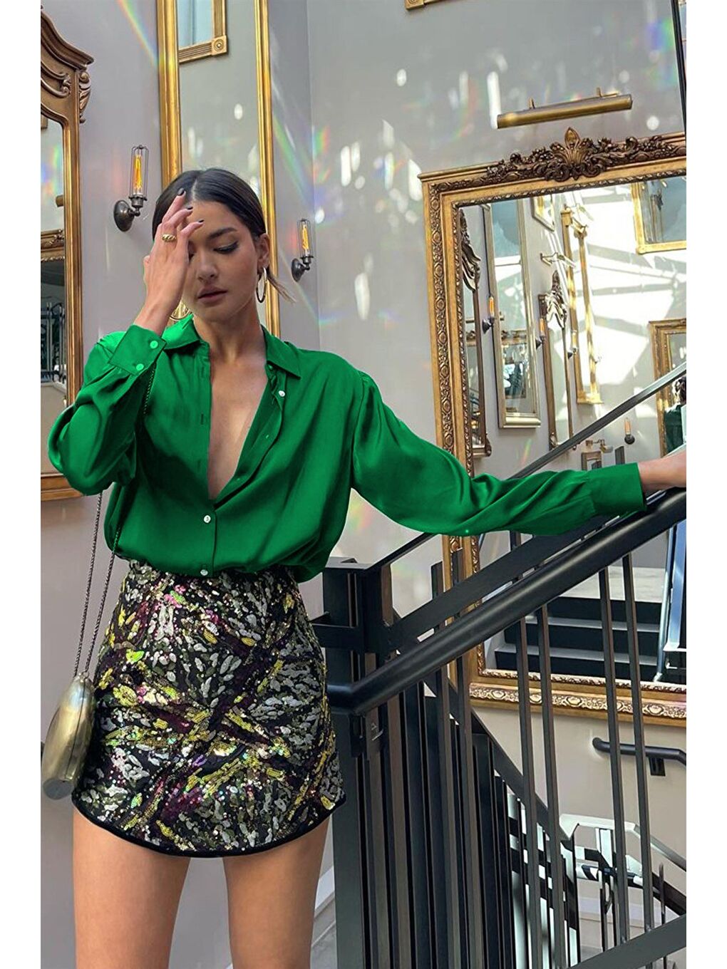 Zümrüt Yeşili Basic Kadın Saten Gömlek Mg1326-1