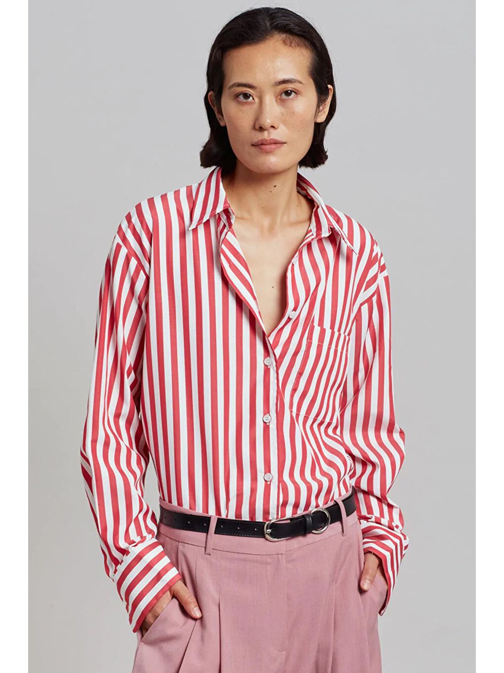 Kırmızı Çizgili Oversize Kadın Gömlek Mg1688