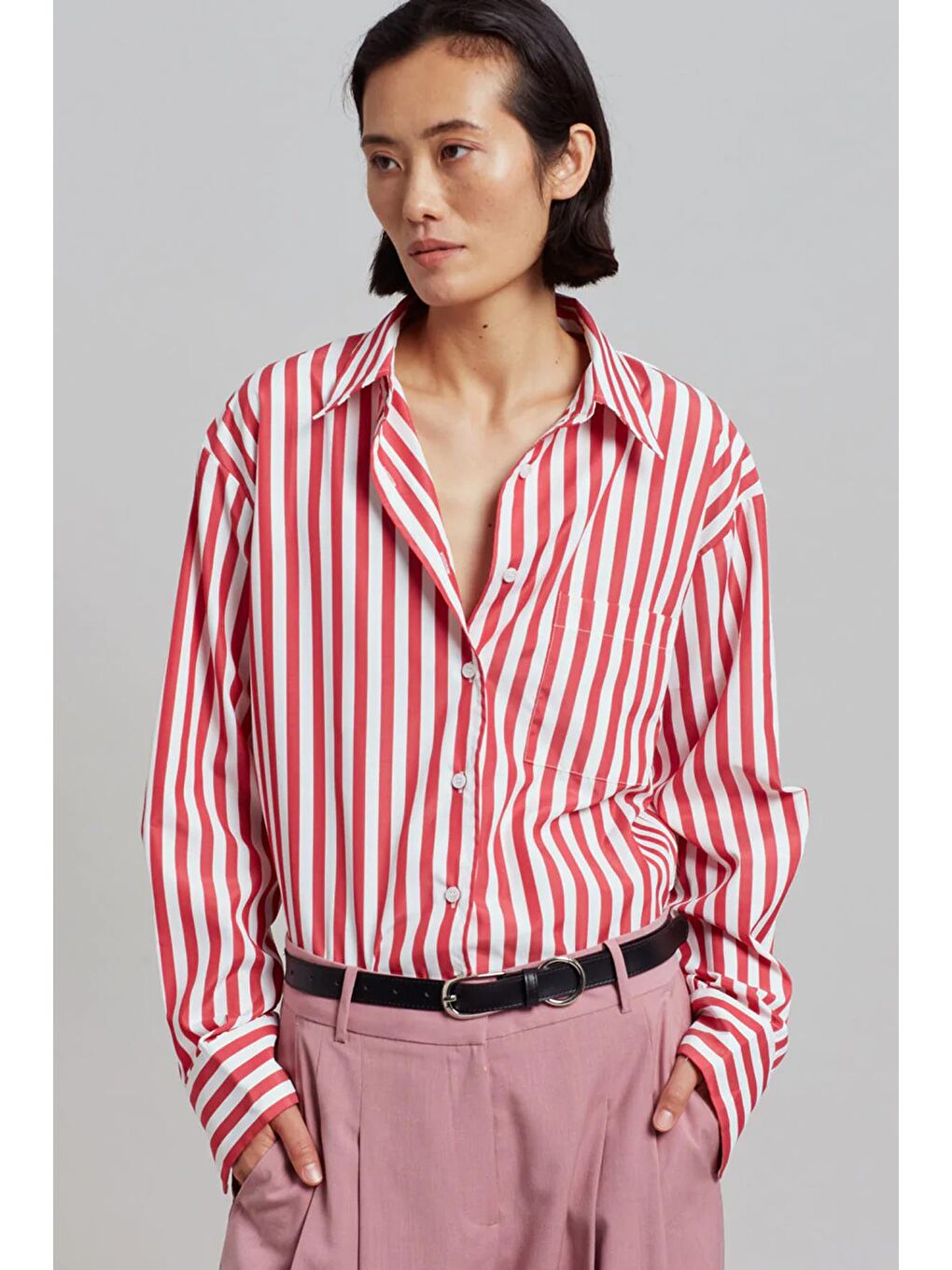 Kırmızı Çizgili Oversize Kadın Gömlek Mg1688-1