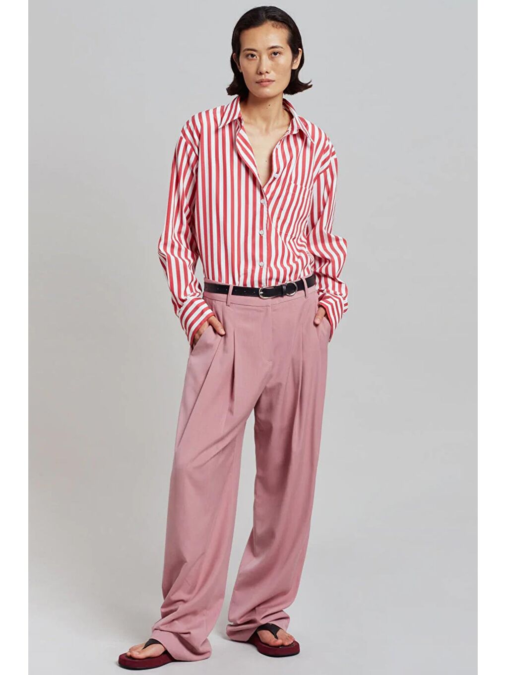 Kırmızı Çizgili Oversize Kadın Gömlek Mg1688-2