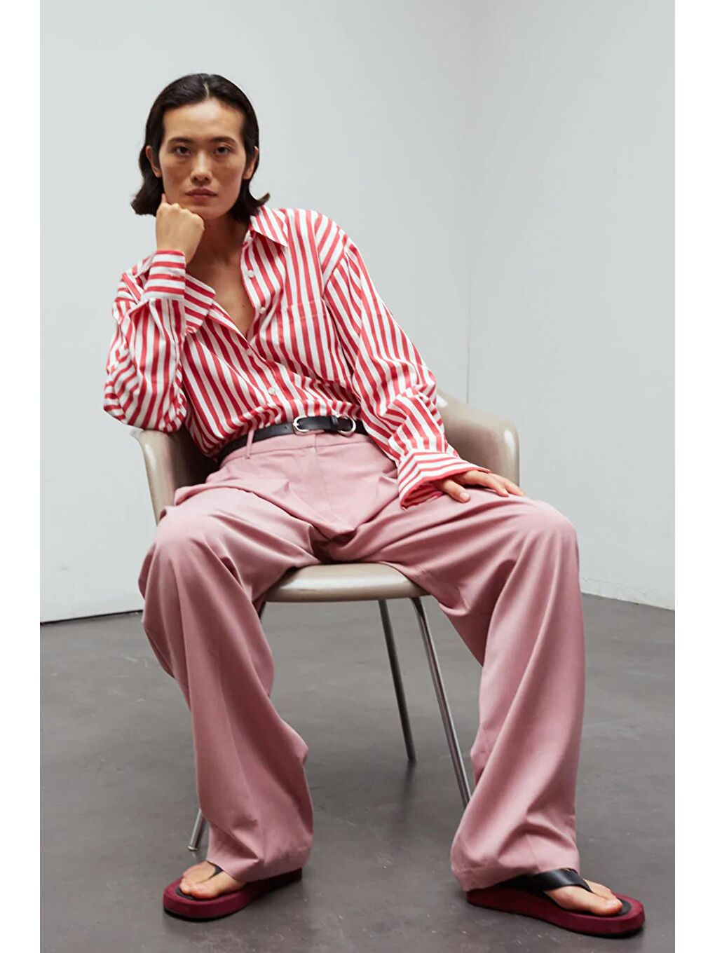 Kırmızı Çizgili Oversize Kadın Gömlek Mg1688-3