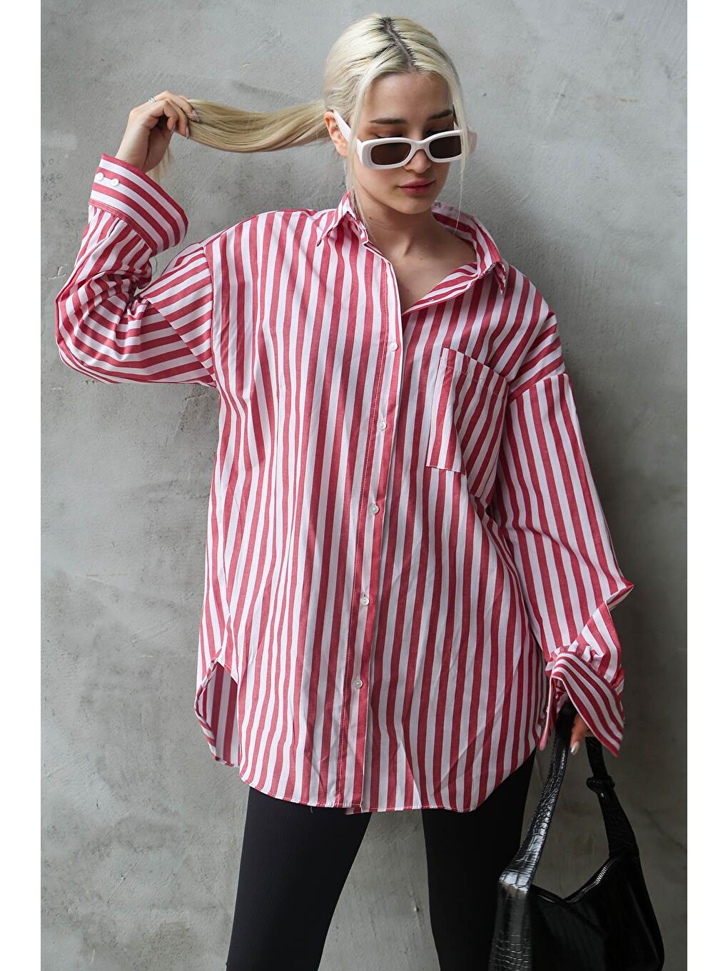 Kırmızı Çizgili Oversize Kadın Gömlek Mg1688-4