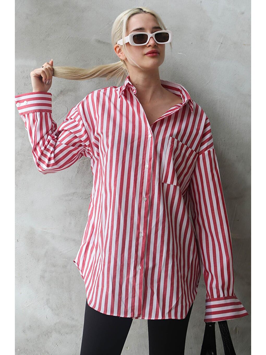 Kırmızı Çizgili Oversize Kadın Gömlek Mg1688-5