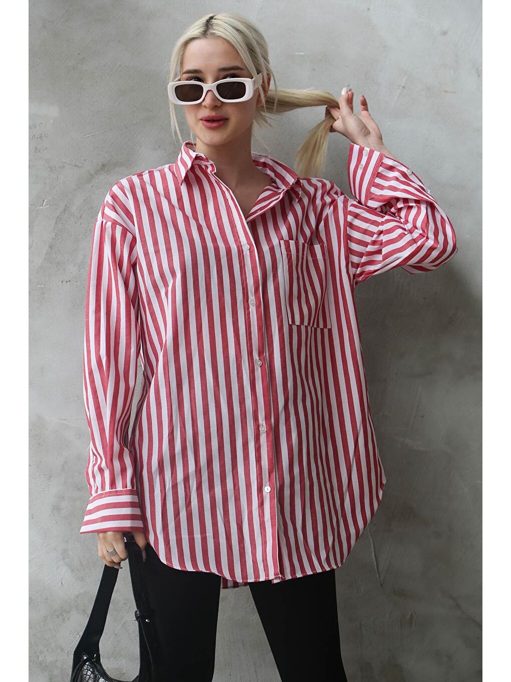Kırmızı Çizgili Oversize Kadın Gömlek Mg1688-6