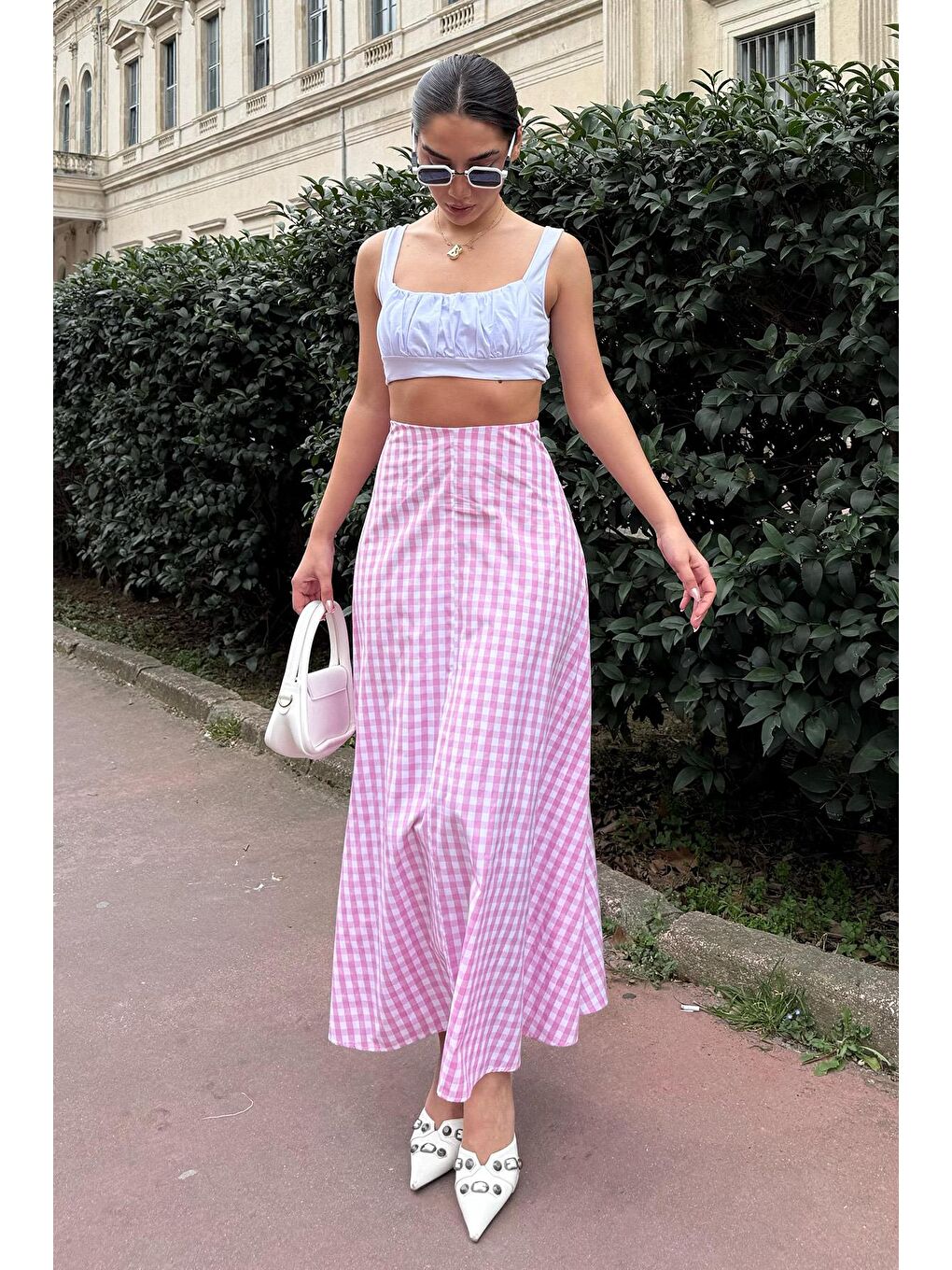 Pembe Pötikareli Midi Boy Kadın Etek Mg2360