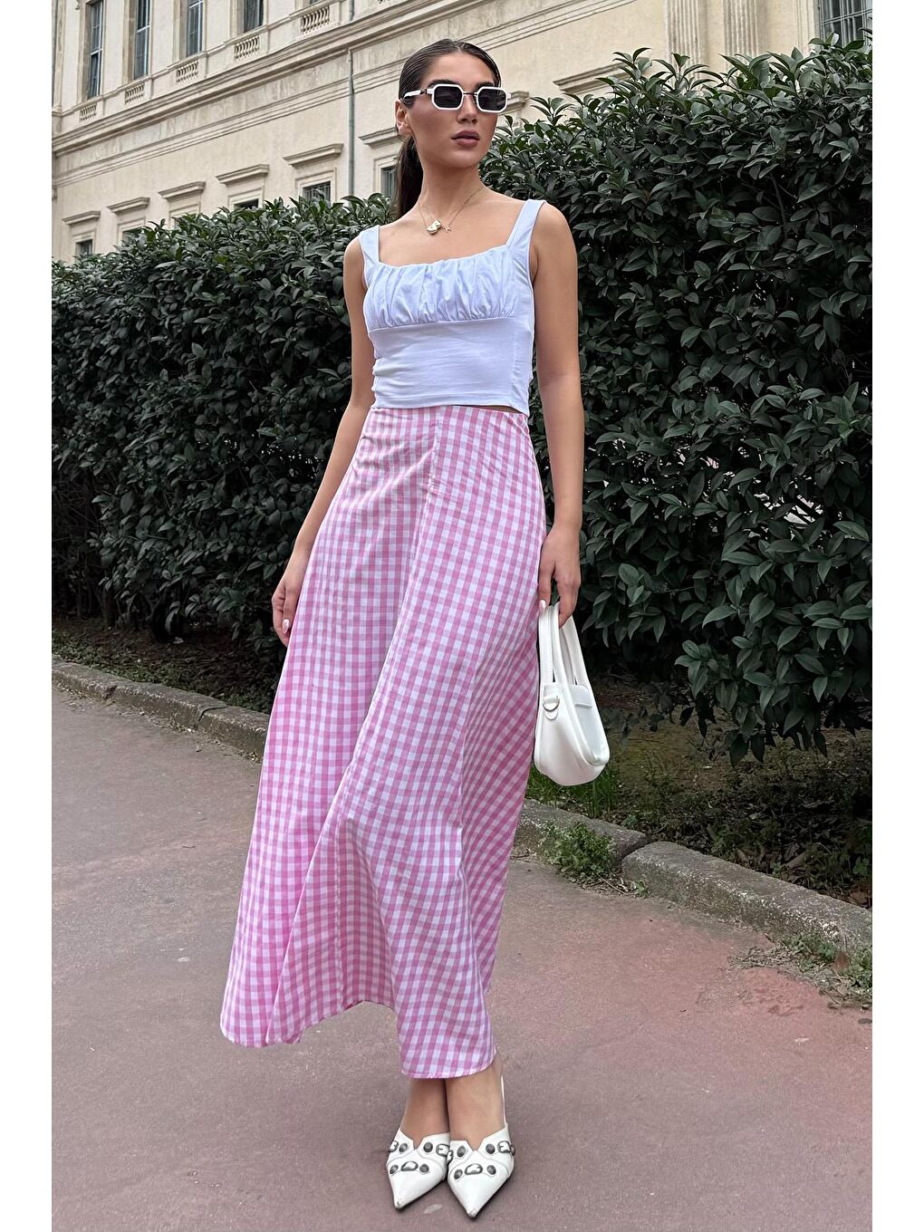 Pembe Pötikareli Midi Boy Kadın Etek Mg2360-1