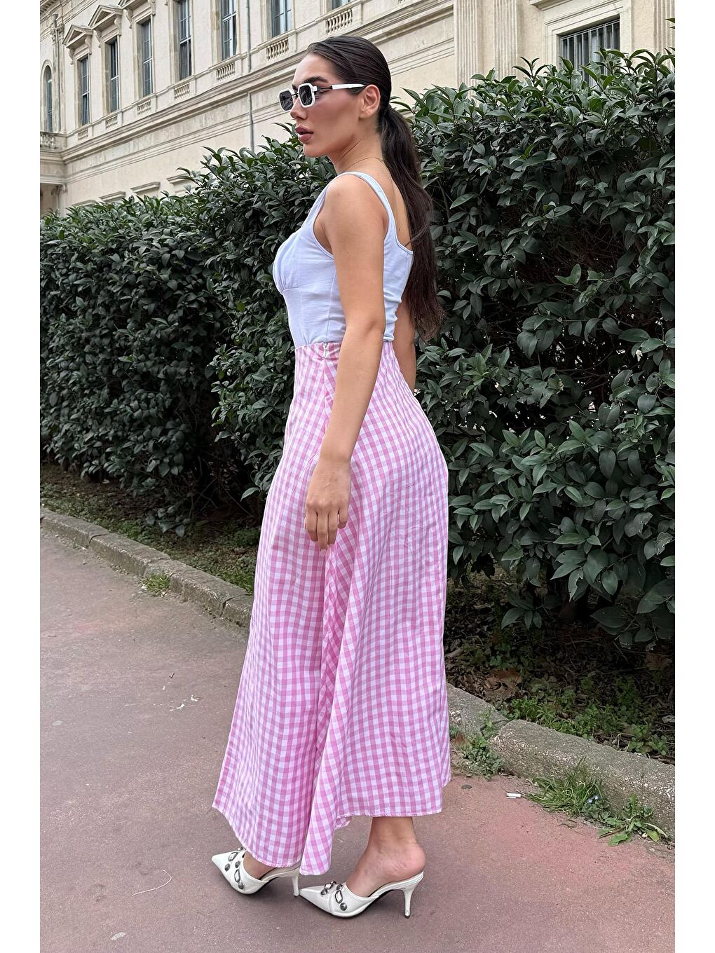 Pembe Pötikareli Midi Boy Kadın Etek Mg2360-2