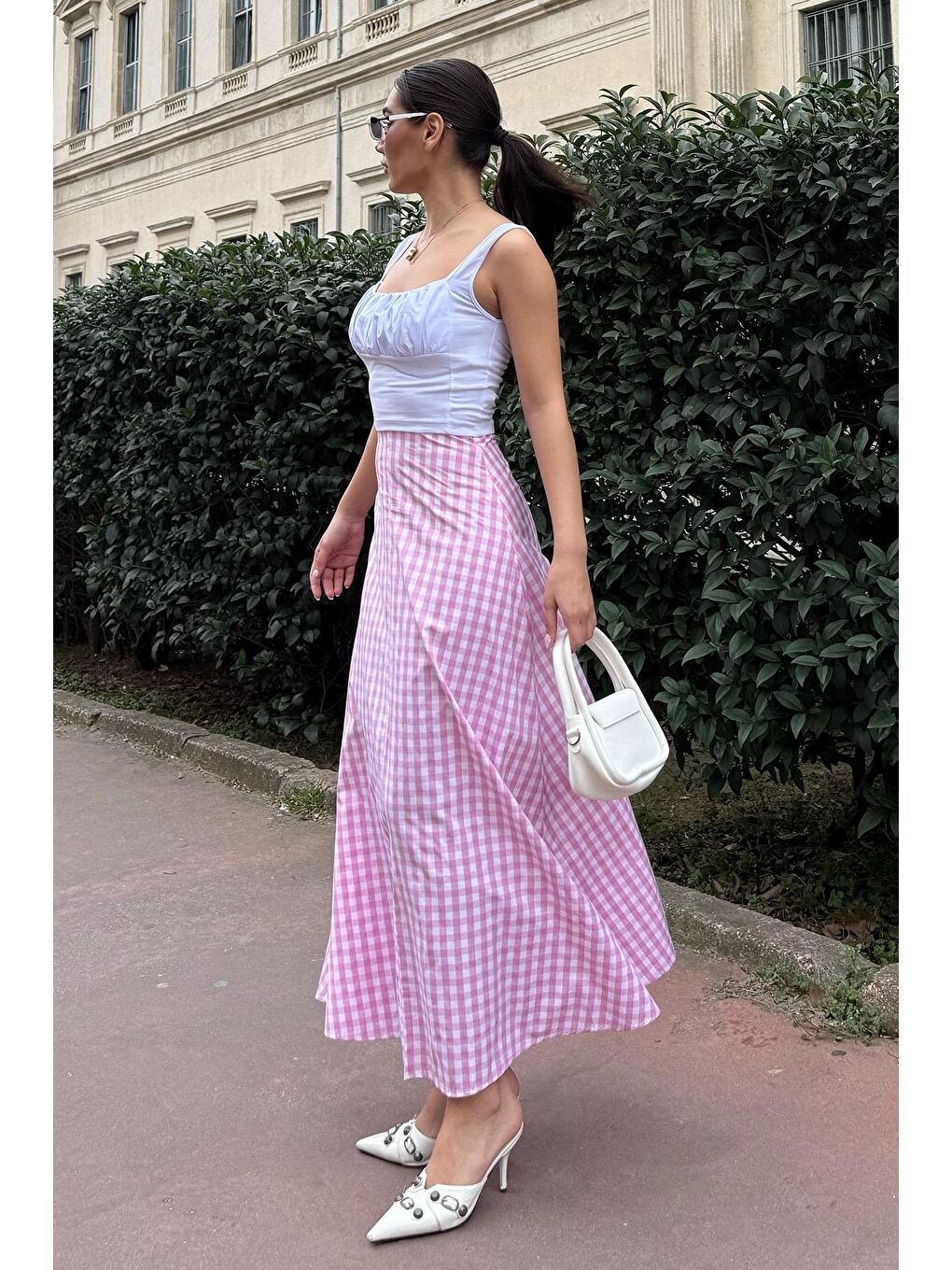 Pembe Pötikareli Midi Boy Kadın Etek Mg2360-3