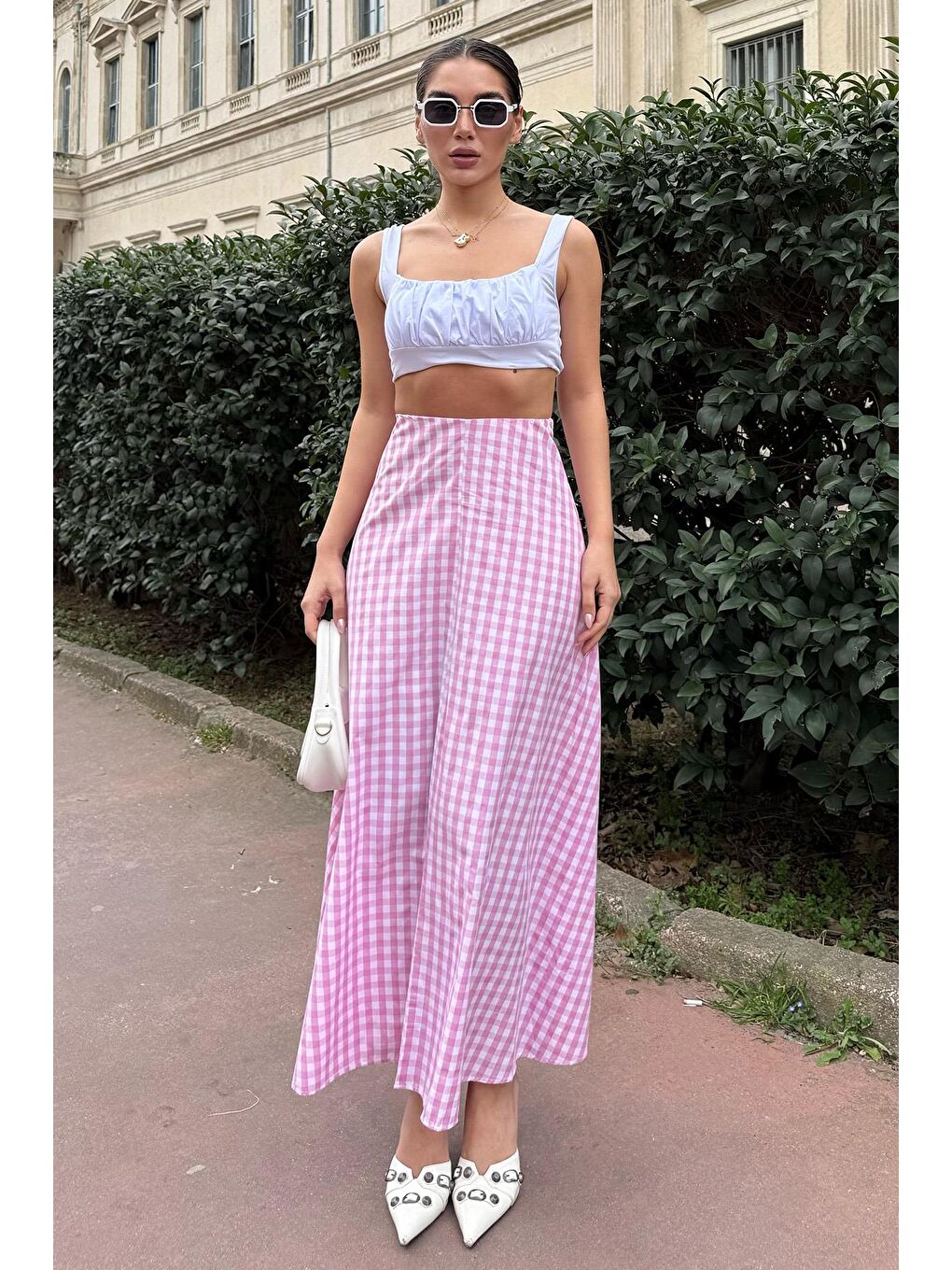 Pembe Pötikareli Midi Boy Kadın Etek Mg2360-5