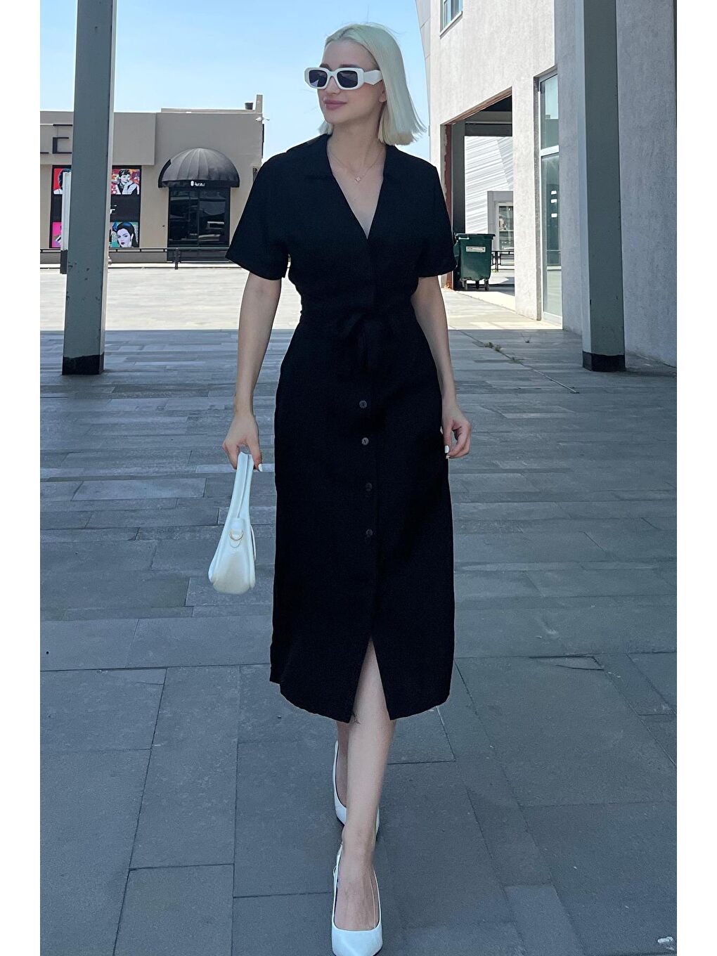 Siyah Gömlek Yaka Cep Detaylı Düğmeli Uzun Elbise Mg2083-1