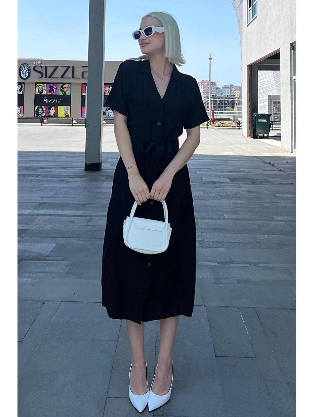 Siyah Gömlek Yaka Cep Detaylı Düğmeli Uzun Elbise Mg2083-2