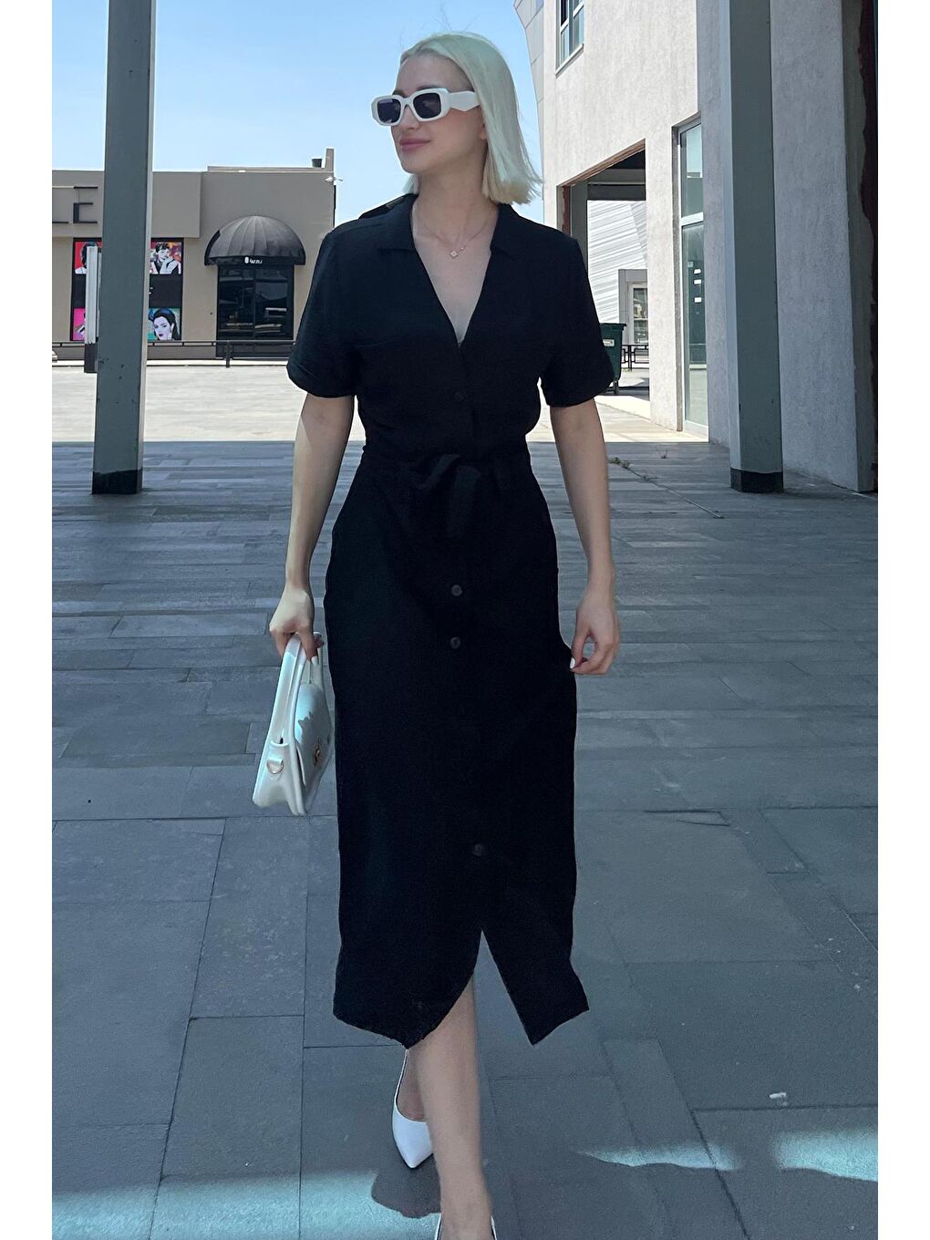 Siyah Gömlek Yaka Cep Detaylı Düğmeli Uzun Elbise Mg2083-3